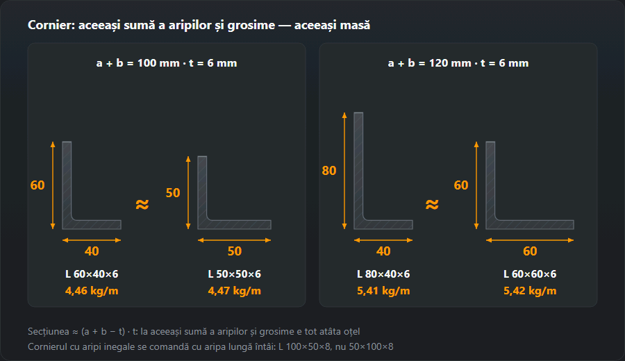 Patru secțiuni de cornier la scară: cel cu aripi inegale 60×40×6 cântărește 4,46 kg/m, iar cel cu aripi egale 50×50×6 — 4,47 kg/m; 80×40×6 — 5,41 kg/m, iar 60×60×6 — 5,42 kg/m: la aceeași sumă a aripilor și grosime masa e aproape aceeași