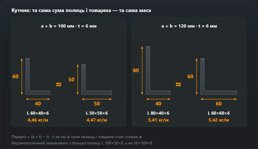Чотири перерізи кутників у масштабі: нерівнополичний 60×40×6 важить 4,46 кг/м, рівнополичний 50×50×6 — 4,47 кг/м; 80×40×6 — 5,41 кг/м, 60×60×6 — 5,42 кг/м: за тієї ж суми полиць і товщини маса майже однакова