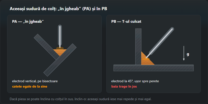 Două secțiuni printr-un T: stânga „în jgheab”, cu colțul în sus și electrodul vertical pe bisectoare; dreapta în poziția PB, cu electrodul la 45° și baia trasă pe talpa de jos