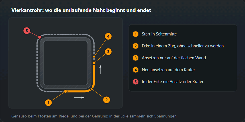Schnitt durch ein Vierkantrohr mit umlaufender Naht. Die Naht beginnt in Seitenmitte, nimmt die Ecke in einem gleichmäßigen Zug, wird nur auf der flachen Wand abgesetzt und auf dem Krater neu angesetzt; in der Ecke nie ansetzen und keinen Krater lassen