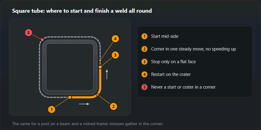 Section through a square tube welded all round. The weld starts mid-side, takes the corner in one steady move, stops only on a flat face and restarts on the crater; never start or leave a crater in a corner