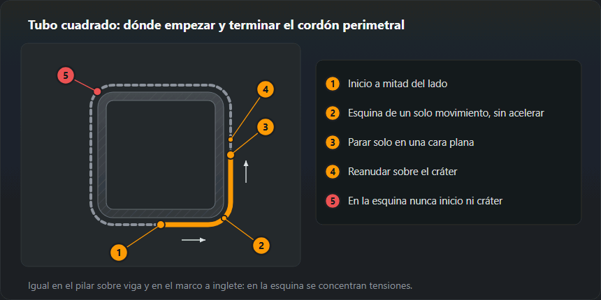 Sección de un tubo cuadrado con cordón perimetral. El cordón empieza a mitad del lado, pasa la esquina de un solo movimiento uniforme, se interrumpe solo en una cara plana y se reanuda sobre el cráter; en la esquina nunca se empieza ni se deja cráter