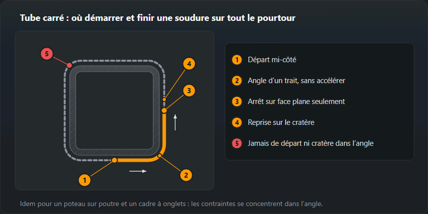 Coupe d’un tube carré soudé tout autour. Le cordon démarre au milieu d’un côté, passe l’angle d’un mouvement régulier, s’arrête uniquement sur une face plane et reprend sur le cratère ; ne jamais démarrer ni laisser un cratère dans un angle