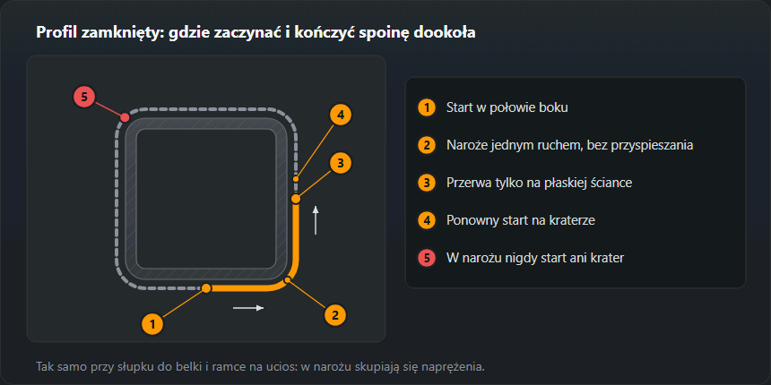 Przekrój profilu zamkniętego ze spoiną dookoła. Spoinę zaczyna się w połowie boku, naroże przechodzi jednym równym ruchem, przerywa tylko na płaskiej ściance i zaczyna ponownie na kraterze; w narożu nie wolno zaczynać ani zostawiać krateru