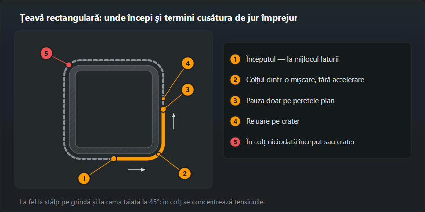 Secțiune printr-o țeavă rectangulară cu cusătură de jur împrejur. Cusătura începe la mijlocul laturii, colțul se trece dintr-o mișcare uniformă, pauza se face doar pe peretele plan, iar reluarea pe crater; în colț nu se începe și nu se lasă crater