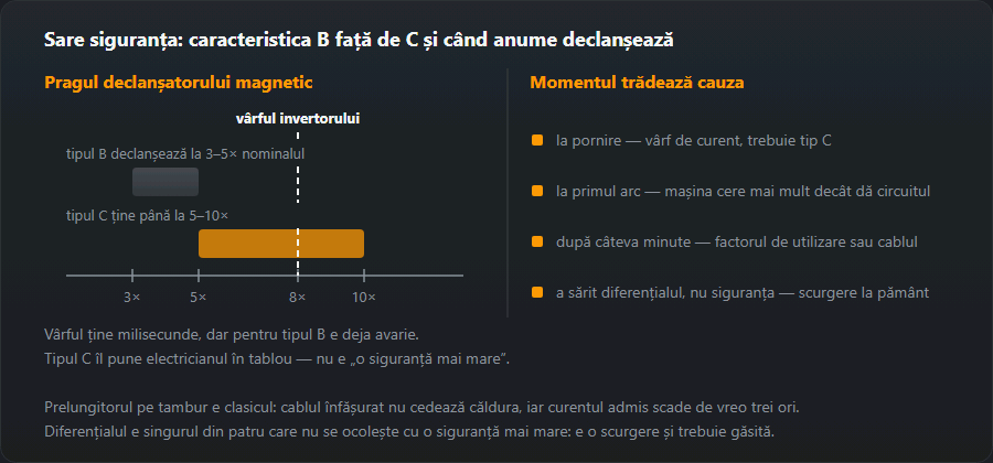 Pragurile siguranțelor B și C în multipli de nominal cu vârful invertorului între ele și cele patru momente de declanșare