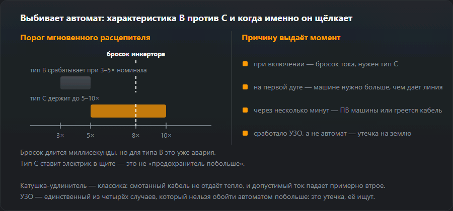 Пороги автоматов B и C в кратностях номинала с броском тока инвертора между ними и четыре момента срабатывания