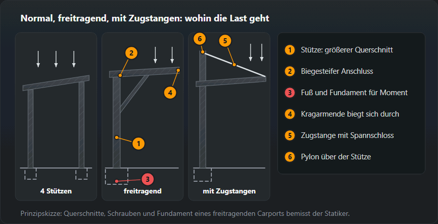 Drei Carport-Schemata: auf zwei Stützenreihen, freitragend mit einer Reihe und größerem Fundament, freitragend mit Pylon und Zugstange