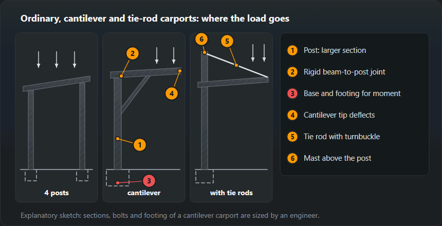 Three carport schemes: on two rows of posts, cantilever with one row of posts and a larger footing, and cantilever with a mast and tie rod