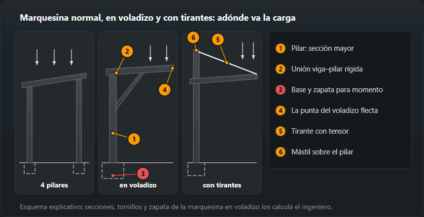 Tres esquemas de marquesina: sobre dos filas de pilares, en voladizo con una fila y zapata mayor, y en voladizo con mástil y tirante