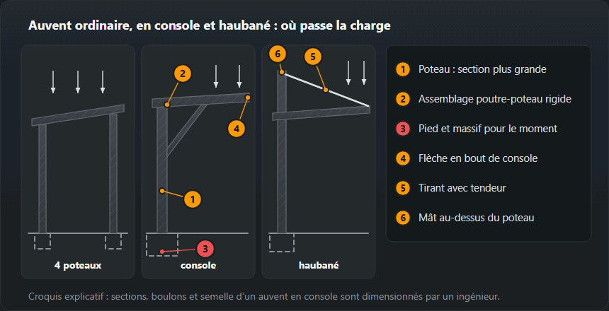 Trois schémas de carport : sur deux rangées de poteaux, en porte-à-faux avec une rangée de poteaux et une semelle plus grande, et en porte-à-faux avec un mât et un tirant