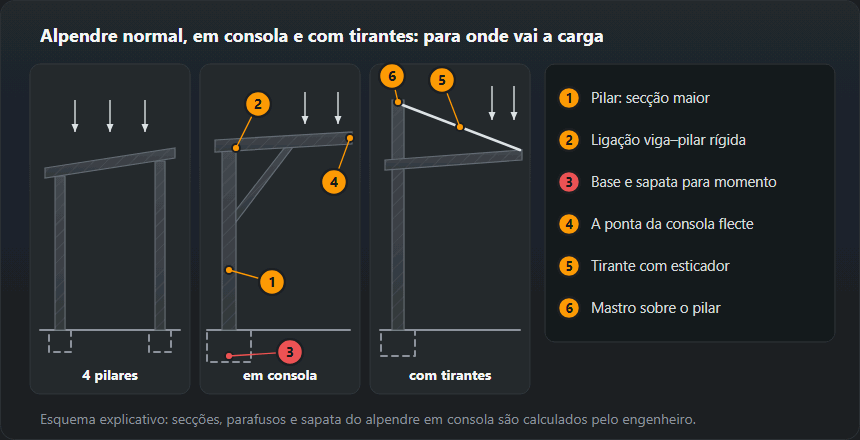 Três esquemas de alpendre: sobre duas filas de pilares, em consola com uma fila e sapata maior, e em consola com mastro e tirante