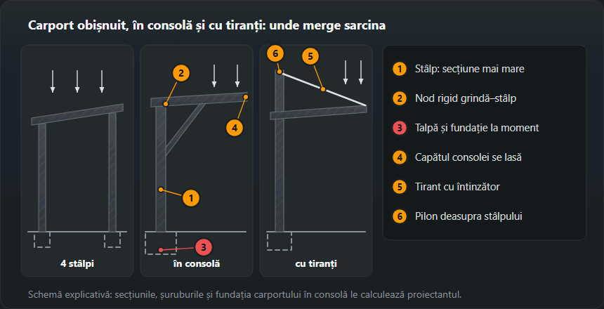 Trei scheme de carport: pe două rânduri de stâlpi, în consolă cu un singur rând și fundație mărită, în consolă cu pilon și tirant