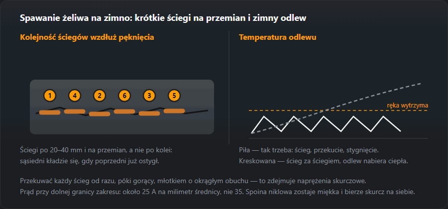 Pęknięcie w odlewie żeliwnym z krótkimi ściegami na przemian i wykres temperatury części: piła kontra ciągły wzrost
