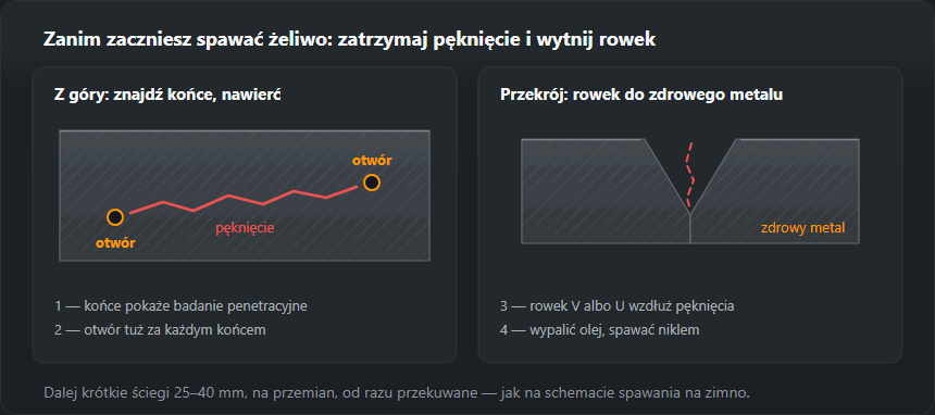 Z lewej: pęknięcie w płycie żeliwnej widziane z góry, z nawierconym otworem tuż za każdym końcem. Z prawej: przekrój rowka V wyszlifowanego wzdłuż pęknięcia do zdrowego metalu