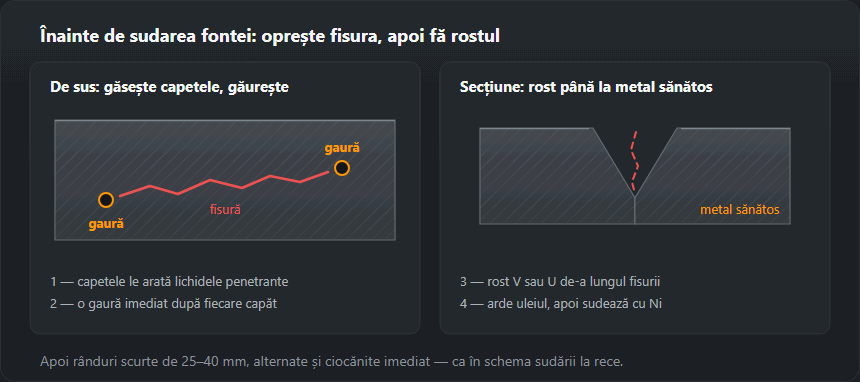 Stânga: o fisură într-o placă de fontă văzută de sus, cu câte o gaură dată imediat după fiecare capăt. Dreapta: secțiune printr-un rost V polizat de-a lungul fisurii până la metal sănătos