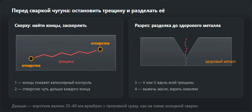 Слева: трещина в чугунной плите сверху, за каждым её концом засверлено отверстие. Справа: разрез V-образной разделки, выбранной вдоль трещины до здорового металла
