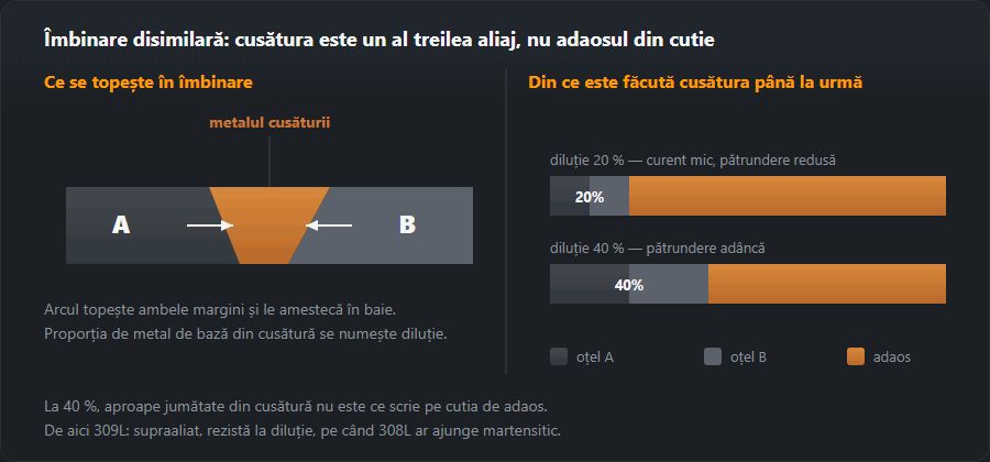 Secțiune printr-o îmbinare disimilară: ambele metale de bază trec în cusătură, plus benzile de compoziție la diluție de 20 și 40 la sută