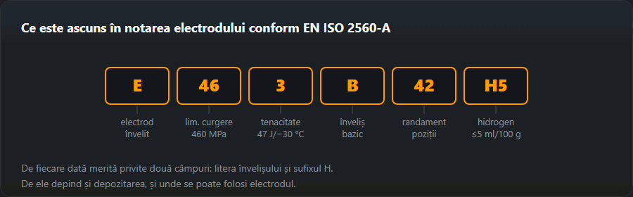 Descompunerea notării electrodului conform EN ISO 2560-A pe câmpuri: tip, rezistență, tenacitate, înveliș, randament și poziții, hidrogen