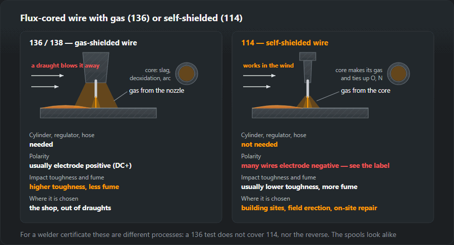 Comparison of two flux-cored wires: 136/138 with a nozzle and bottled gas that a draught blows away, and 114 with no cylinder, the core making its own gas, working in the wind; below, the differences in equipment, polarity (DC+ and often negative for 114), toughness and fume and where each is used