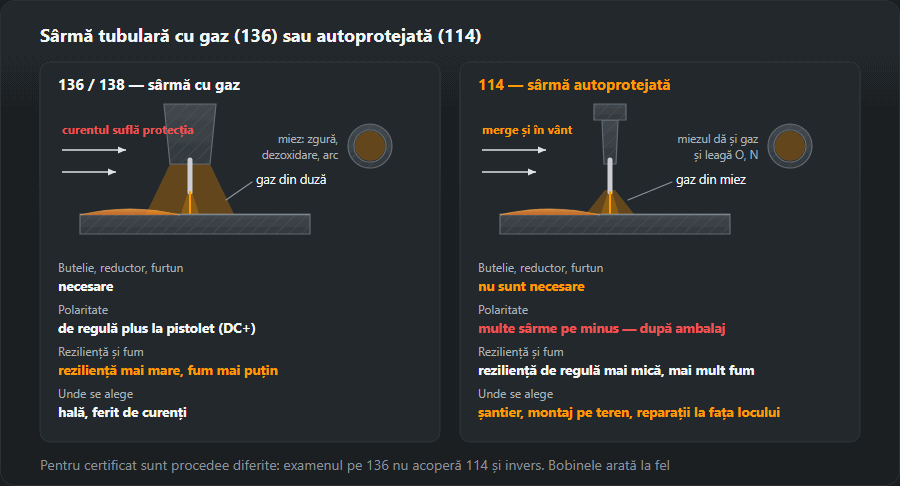 Comparație între două sârme tubulare: 136/138 cu duză și gaz din butelie, pe care curentul îl suflă, și 114 fără butelie, cu gaz din miez, care merge în vânt; sub desene diferențele de echipament, polaritate (DC+ și adesea minus la 114), reziliență și fum și locul de folosire