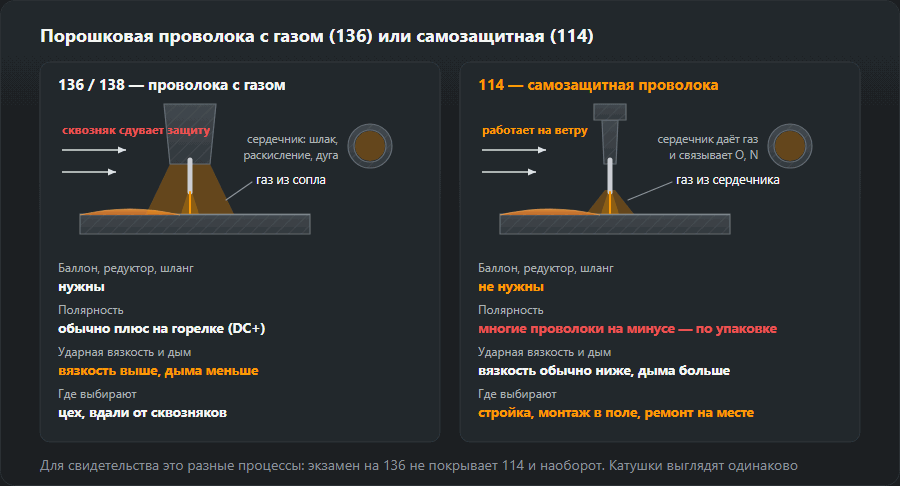 Сравнение двух порошковых проволок: 136/138 с соплом и газом из баллона, который сдувает сквозняк, и 114 без баллона, с газом из сердечника, работающая на ветру; под рисунками различия в оборудовании, полярности (DC+ и часто минус у 114), ударной вязкости и дыме и местах применения