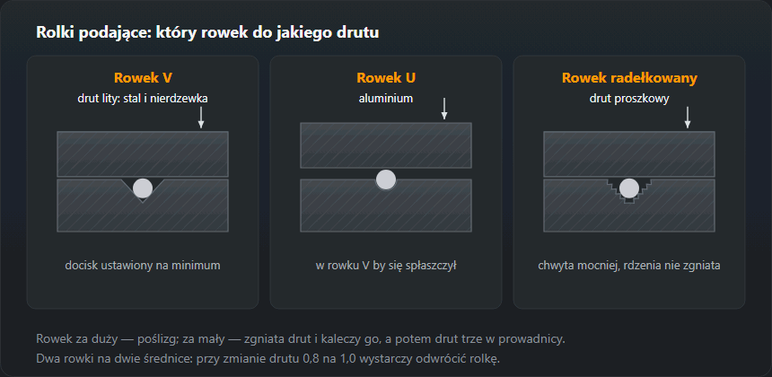 Przekroje trzech par rolek z drutem w rowku. Rowek V — do drutu litego stalowego i nierdzewnego. Rowek U — do aluminium, które w V by się spłaszczyło. Rowek radełkowany — do drutu proszkowego, który trzeba chwycić mocniej, ale bez zgniatania