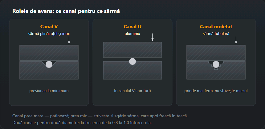 Secțiuni prin trei perechi de role cu sârma în canal. Canal V — pentru sârmă plină de oțel și inox. Canal U — pentru aluminiu, care în V s-ar turti. Canal moletat — pentru sârmă tubulară, care trebuie prinsă mai ferm, dar fără a fi strivită