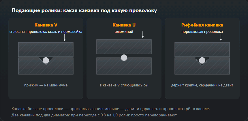 Разрезы трёх пар роликов с проволокой в канавке. Канавка V — для сплошной стальной и нержавеющей проволоки. Канавка U — для алюминия, который в V сплющился бы. Рифлёная канавка — для порошковой проволоки, которую надо держать крепче, но не давить