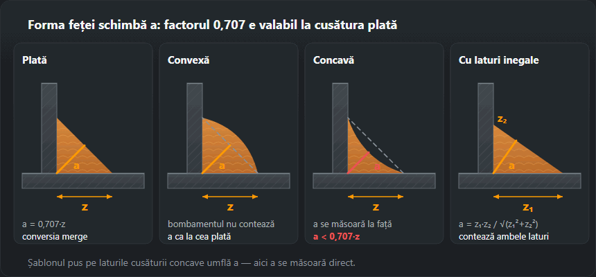 Patru secțiuni ale unei cusături de colț: plată, convexă, concavă și cu laturi inegale, cu grosimea de calcul a marcată pe fiecare