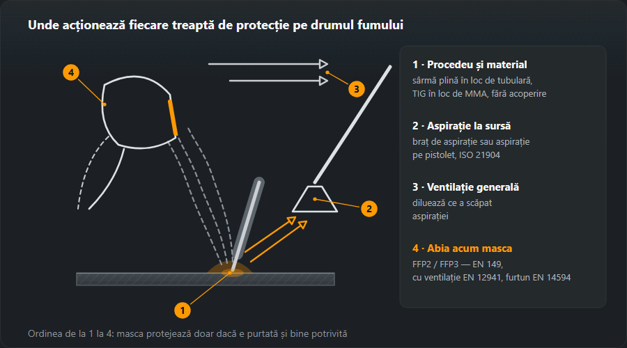 Schema unui post de sudare cu cele patru trepte de protecție împotriva fumului, în ordine: 1 schimbarea procedeului sau a materialului la sursă, 2 aspirație la sursă — braț sau aspirație pe pistolet după ISO 21904, 3 ventilație generală, 4 protecție individuală: semimască FFP2 sau FFP3 după EN 149, mască cu ventilație după EN 12941, aparat cu furtun după EN 14594