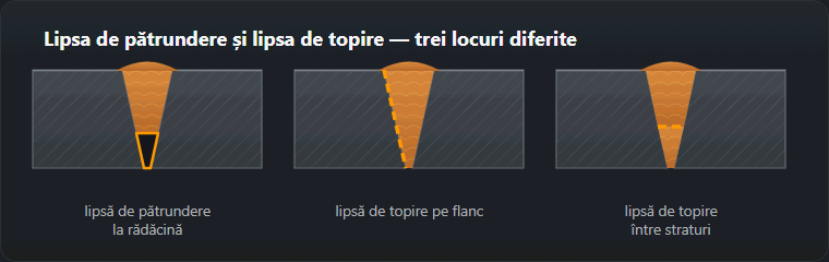 Trei secțiuni prin rost: lipsă de pătrundere la rădăcină, lipsă de topire pe flanc și între straturi