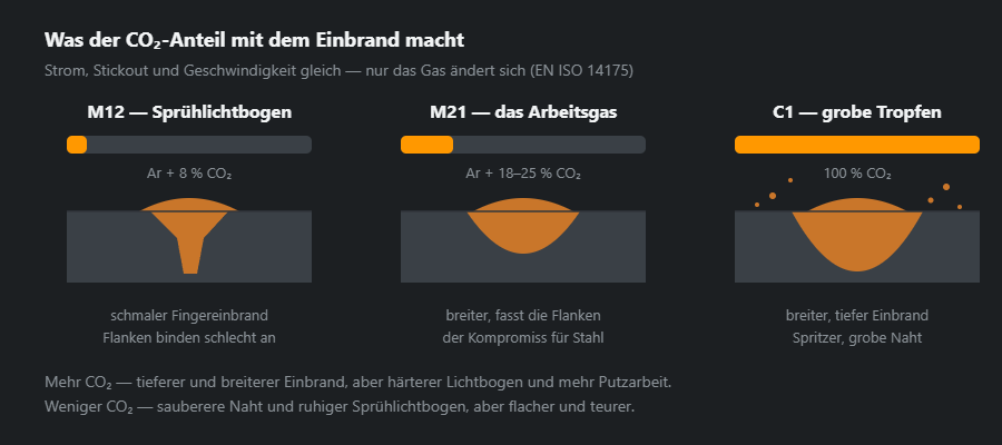 Drei Nahtquerschnitte nebeneinander bei 8, 18–25 und 100 % CO₂: Fingereinbrand, Schaleneinbrand und breiter tiefer Einbrand