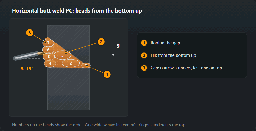 Section through a butt joint in the PC position: upper plate bevelled, lower plate square like a shelf; root in the gap, two fill beads and four narrow cap stringers from the bottom up, electrode pointed 5–15° upwards