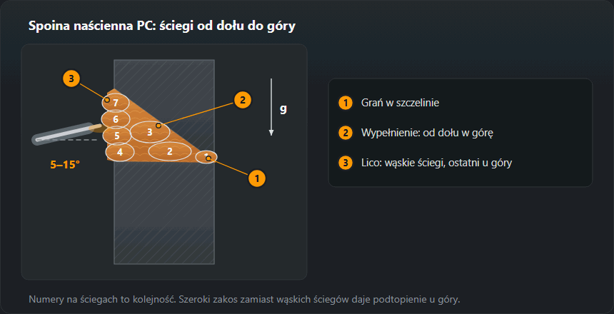 Przekrój złącza doczołowego w pozycji PC: górna blacha ukosowana, dolna prosta jak półka; grań w szczelinie, dwa ściegi wypełniające i cztery wąskie ściegi lica od dołu do góry, elektroda skierowana 5–15° w górę