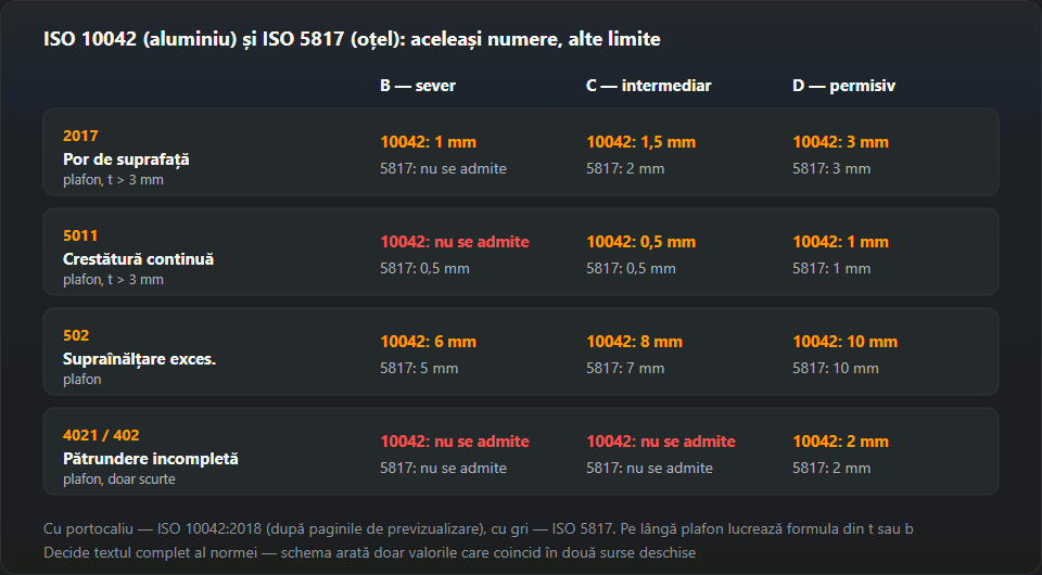 Comparația plafoanelor ISO 10042 și ISO 5817 pentru patru imperfecțiuni: por de suprafață, crestătură continuă, supraînălțare și pătrundere incompletă a rădăcinii la nivelurile B, C și D