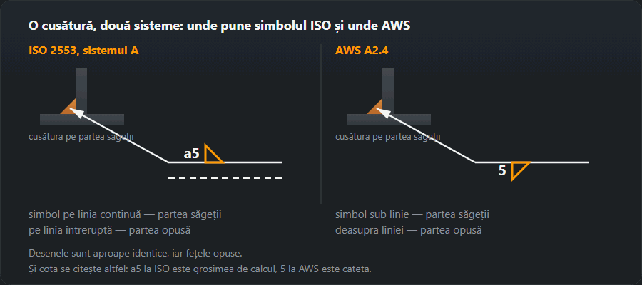 Aceeași cusătură de colț pe partea săgeții, scrisă conform ISO 2553 și AWS A2.4: simbolul deasupra liniei continue și sub linia unică