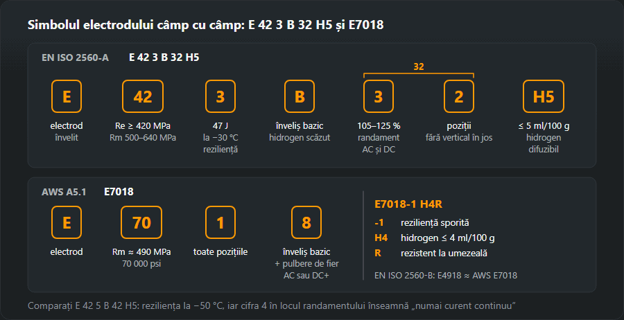 Simbolurile E 42 3 B 32 H5 după EN ISO 2560-A și E7018 după AWS A5.1 descompuse pe câmpuri