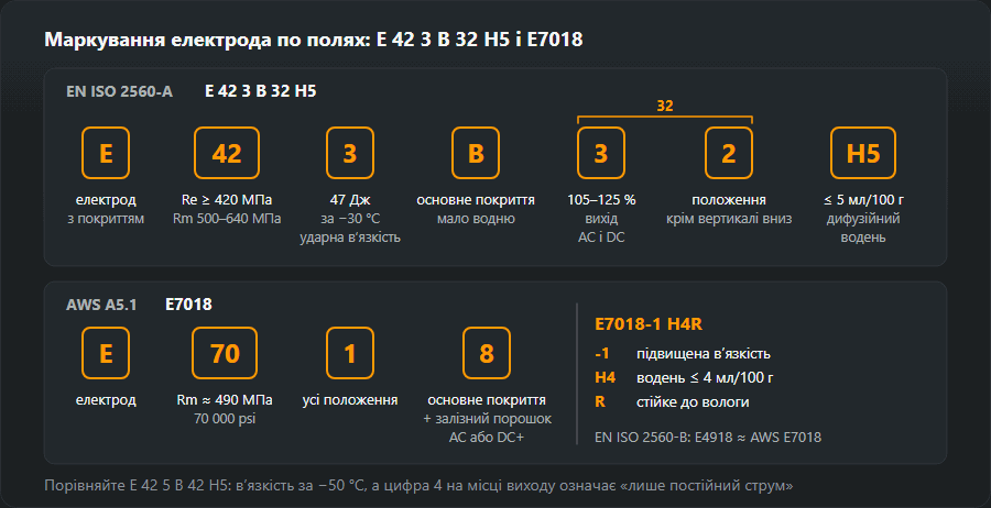Позначення E 42 3 B 32 H5 за EN ISO 2560-A і E7018 за AWS A5.1, розкладені по полях