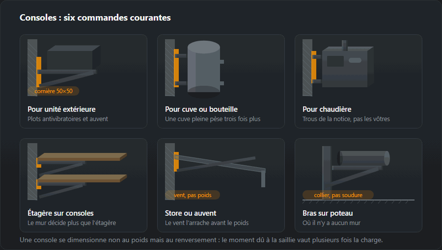 Six consoles murales : pour unité extérieure de climatiseur, pour cuve ou bouteille, pour chaudière gaz, une étagère sur consoles, un store avec contrefiches et un bras sur poteau portant un fût
