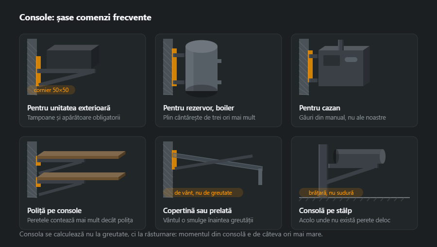 Șase console de perete: pentru unitatea exterioară de climatizare, pentru rezervor sau boiler, pentru cazan pe gaz, poliță pe console, copertină cu contrafișe și consolă pe stâlp pentru un butoi