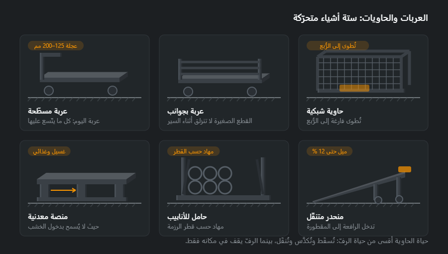 ستة أشياء لنقل الحمل داخل الورشة: عربة مسطّحة، وعربة بجوانب، وحاوية شبكية قابلة للطيّ، ومنصة معدنية، وحامل بمهاد للأنابيب، ومنحدر متنقّل على عجلات