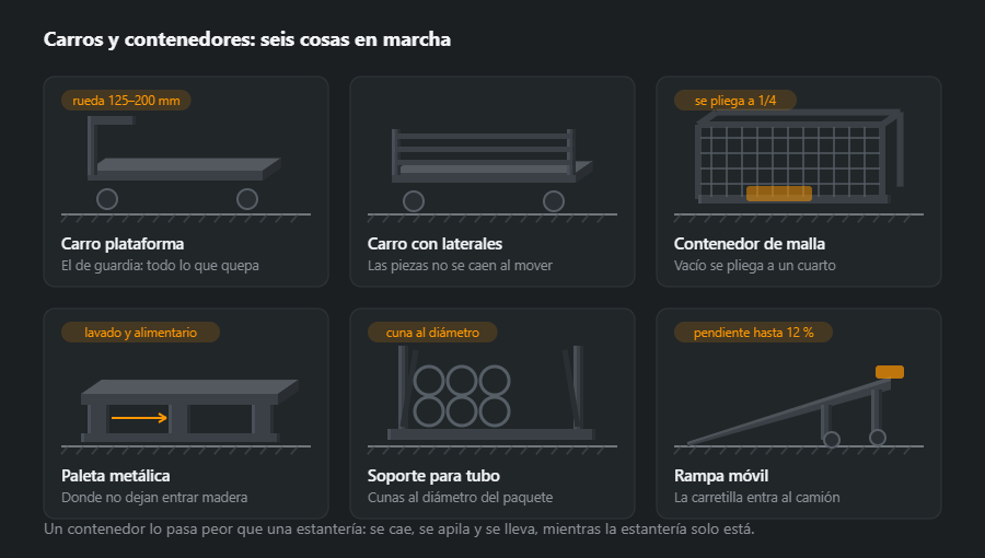 Seis cosas para mover carga por la nave: carro plataforma, carro con laterales, contenedor de malla plegable, paleta metálica, soporte con cunas para tubo y rampa móvil sobre ruedas