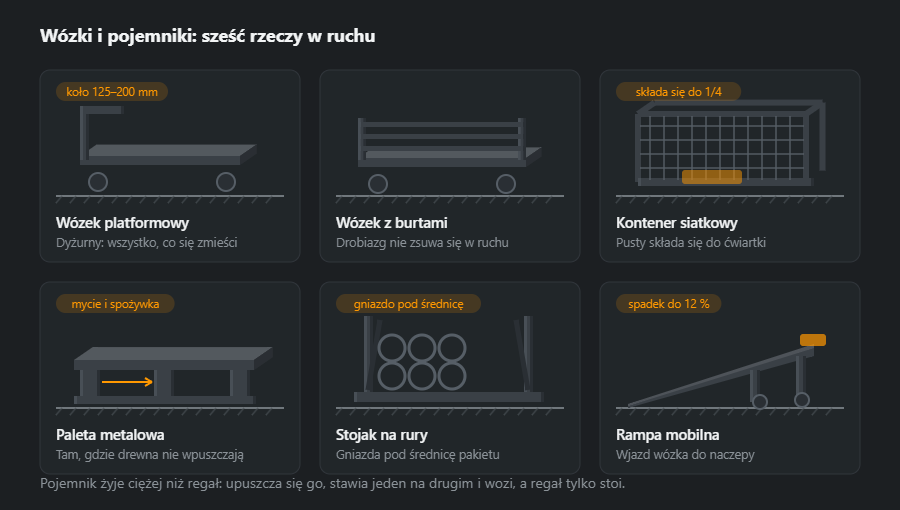 Sześć rzeczy do przewożenia po hali: wózek platformowy, wózek z burtami, składany kontener siatkowy, paleta metalowa, stojak z gniazdami na rury i mobilna rampa na kołach