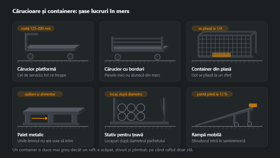 Șase lucruri pentru mutat marfa prin hală: cărucior platformă, cărucior cu borduri, container din plasă pliabil, palet metalic, stativ cu locașuri pentru țeavă și rampă mobilă pe roți