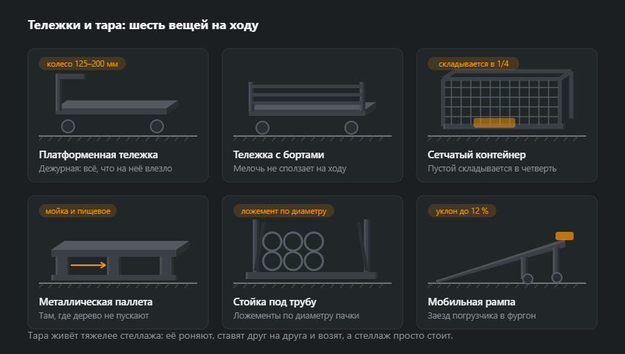 Шесть вещей для перевозки по цеху: платформенная тележка, тележка с бортами, складной сетчатый контейнер, металлическая паллета, стойка с ложементами под трубу и мобильная рампа на колёсах
