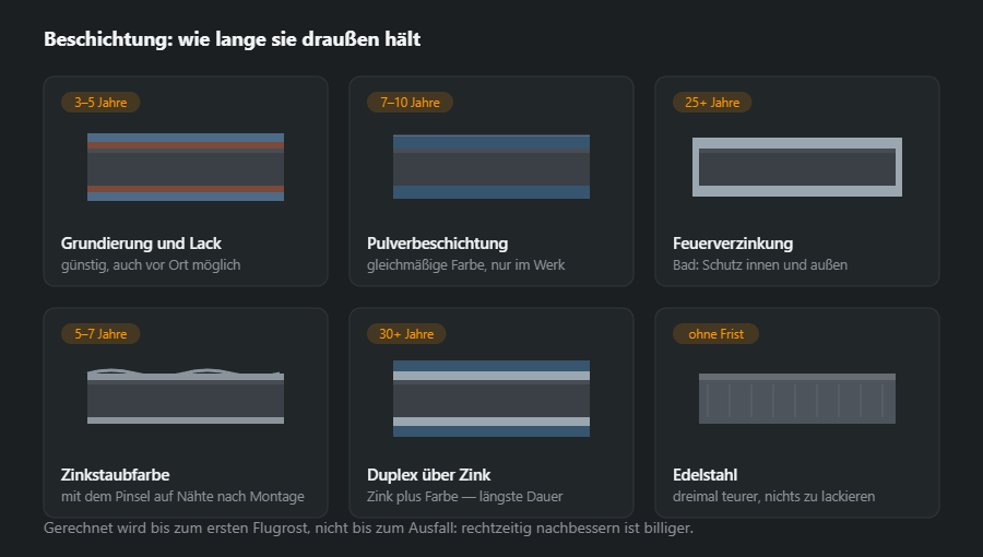 Sechs Beschichtungen im Kantenschnitt: Grundierung mit Lack, Pulverbeschichtung, Feuerverzinkung, Zinkstaubfarbe, Duplex über Zink und Edelstahl ohne Beschichtung