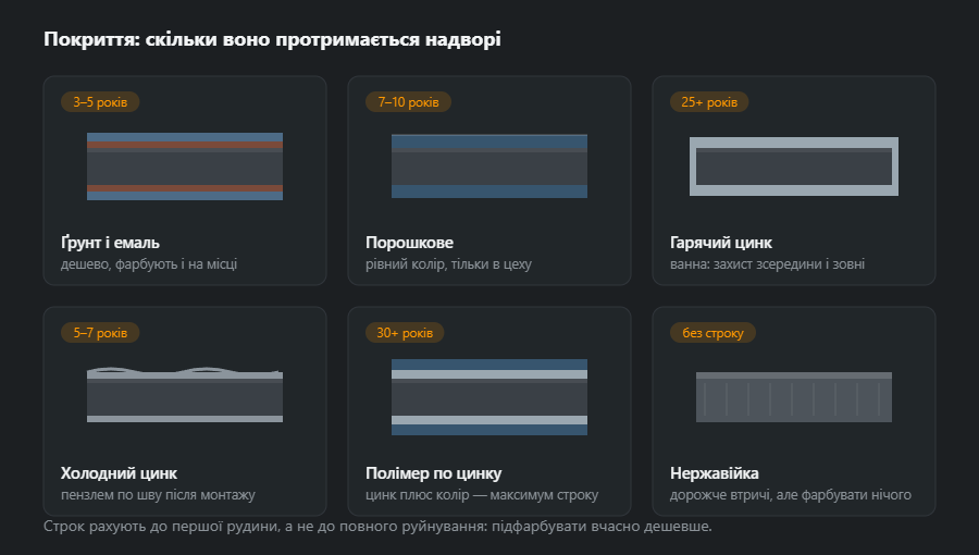 Шість покриттів у розрізі кромки: ґрунт з емаллю, порошкове фарбування, гаряче цинкування, холодний цинк, полімер по цинку та нержавійка без покриття