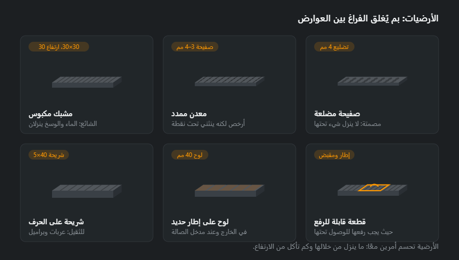 ست أرضيات معروضة قطعةً في إسقاط مائل وبجانبها المقطع: مشبك مكبوس، معدن ممدد، صفيحة مضلعة، شريحة على الحرف، لوح على إطار حديدي، وقطعة قابلة للرفع بإطار ومقبض