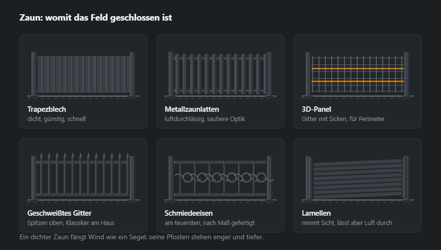 Sechs Füllungen des Feldes zwischen den Pfosten: Trapezblech, Metallzaunlatten, 3D-Panel, geschweißtes Gitter mit Spitzen, Schmiedeeisen und Lamellen
